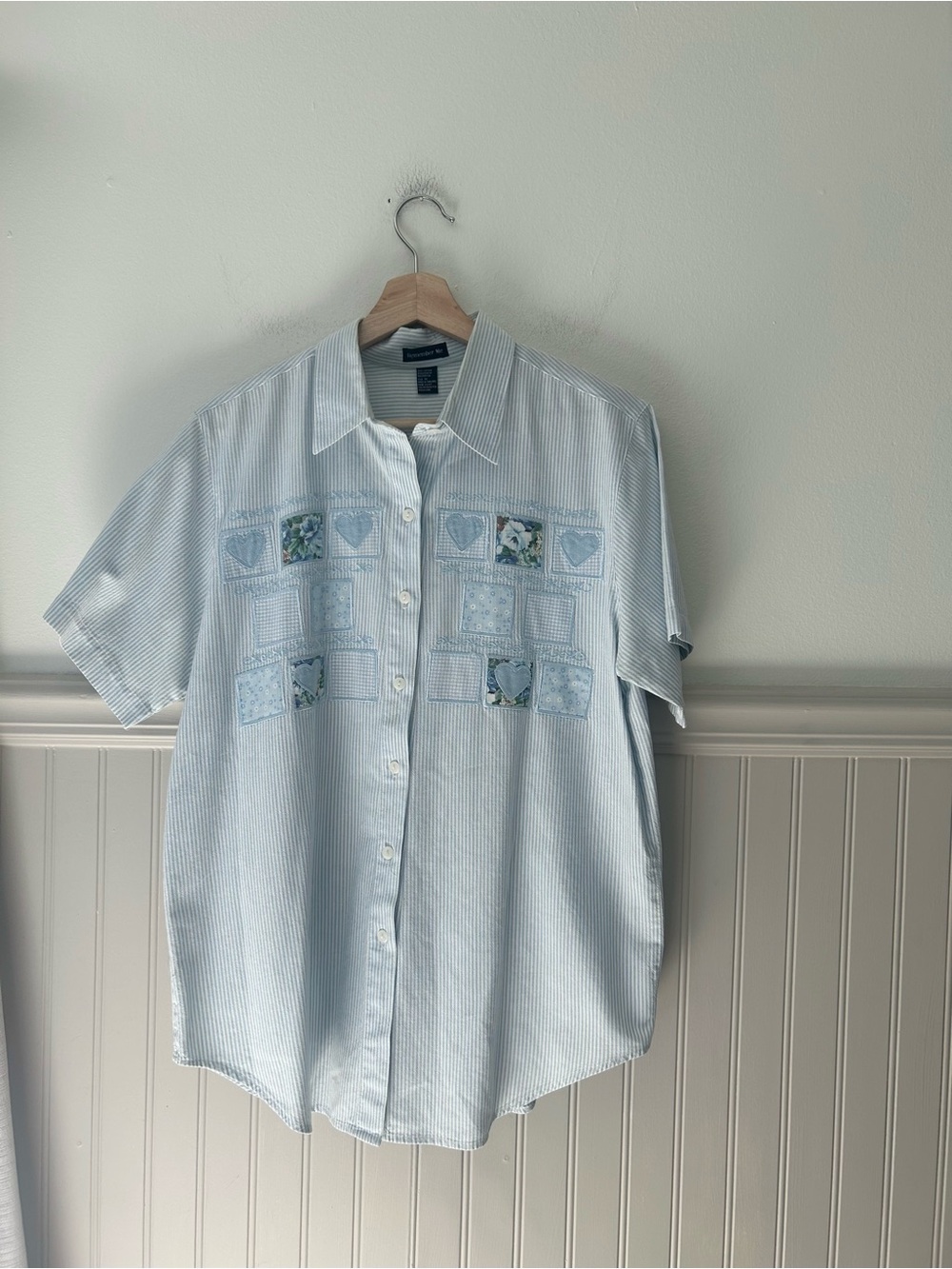 Vintage Remember Me Light Blue Striped Patchwork Button Down Shirt Medium